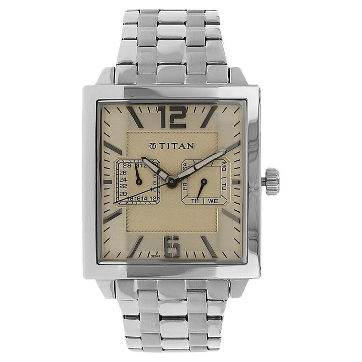 Titan Analog with Day and Date Beige Dial Stainless Steel Strap watch for Men-NH1678SM02