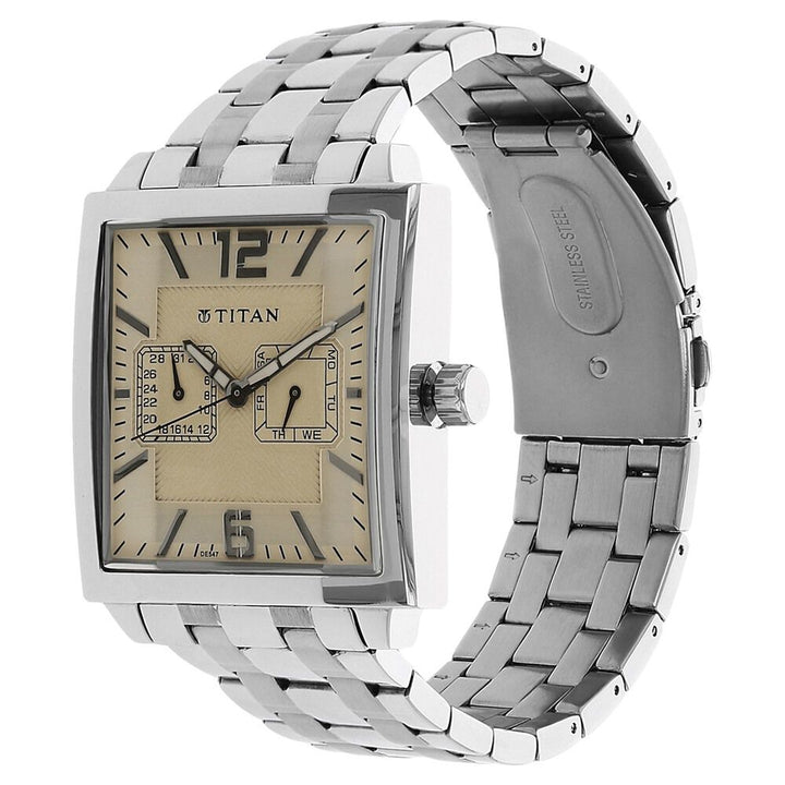 Titan Analog with Day and Date Beige Dial Stainless Steel Strap watch for Men-NH1678SM02