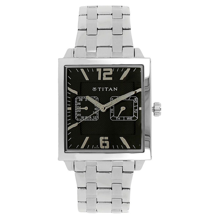 Titan Quartz Analog with Day and Date Black Dial Stainless Steel Strap Watch for Men-NH1678SM03