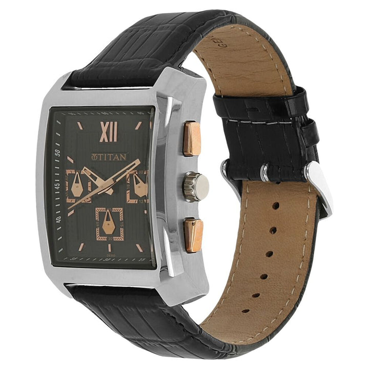Titan Quartz Multifunction Black Dial Leather Strap Watch for Men-1679SL02