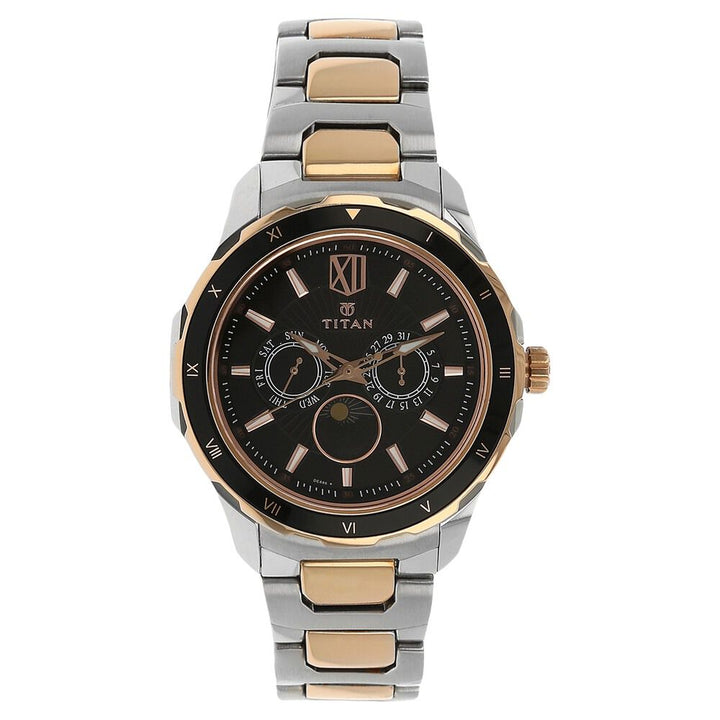 Titan Quartz Multifunction Black Dial Stainless Steel Strap Watch for Men-NK1688KM03