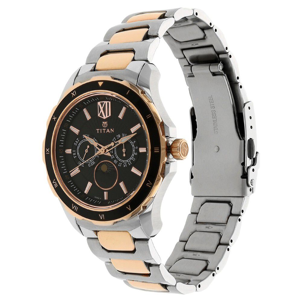 Titan Quartz Multifunction Black Dial Stainless Steel Strap Watch for Men-NK1688KM03