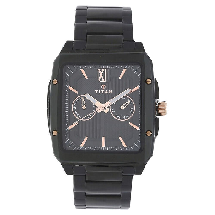 Titan Quartz Multifunction Black Dial Stainless Steel Strap Watch for Men-NJ1689KM02