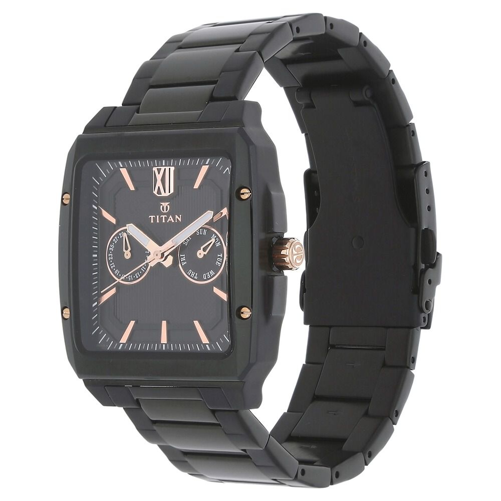 Titan Quartz Multifunction Black Dial Stainless Steel Strap Watch for Men-NJ1689KM02