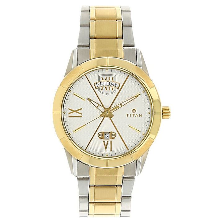 Titan Regal Crest Silver Dial Analog Day Date Stainless Steel Strap watch for Men-NN1690BM01