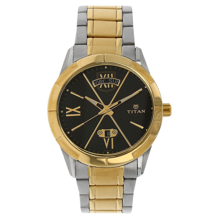 Titan Regal Crest Black Dial Analog with Day and Date Stainless Steel Strap Watch for Men-NK1690BM02