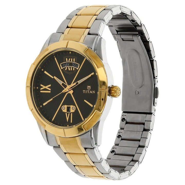 Titan Regal Crest Black Dial Analog with Day and Date Stainless Steel Strap Watch for Men-NK1690BM02