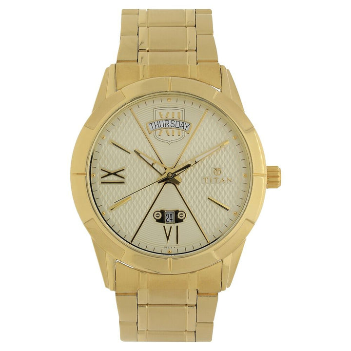 Titan Regal Crest Champagne Dial Analog with Day and Date Stainless Steel Strap Watch for Men-NJ1690YM02