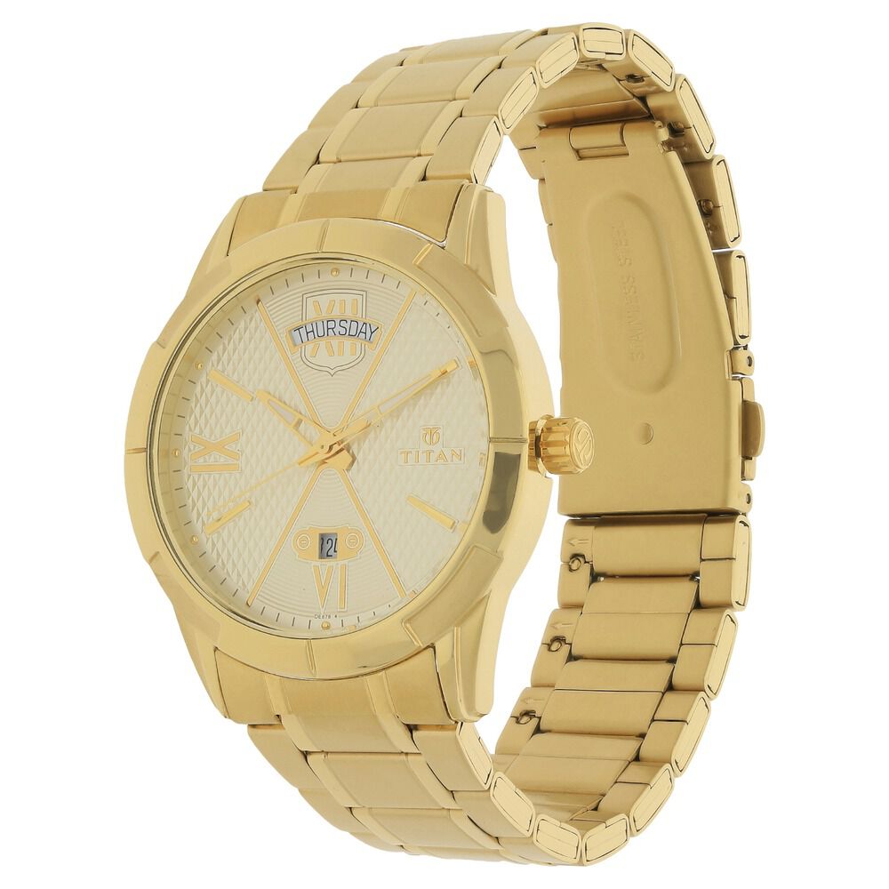 Titan Regal Crest Champagne Dial Analog with Day and Date Stainless Steel Strap Watch for Men-NJ1690YM02