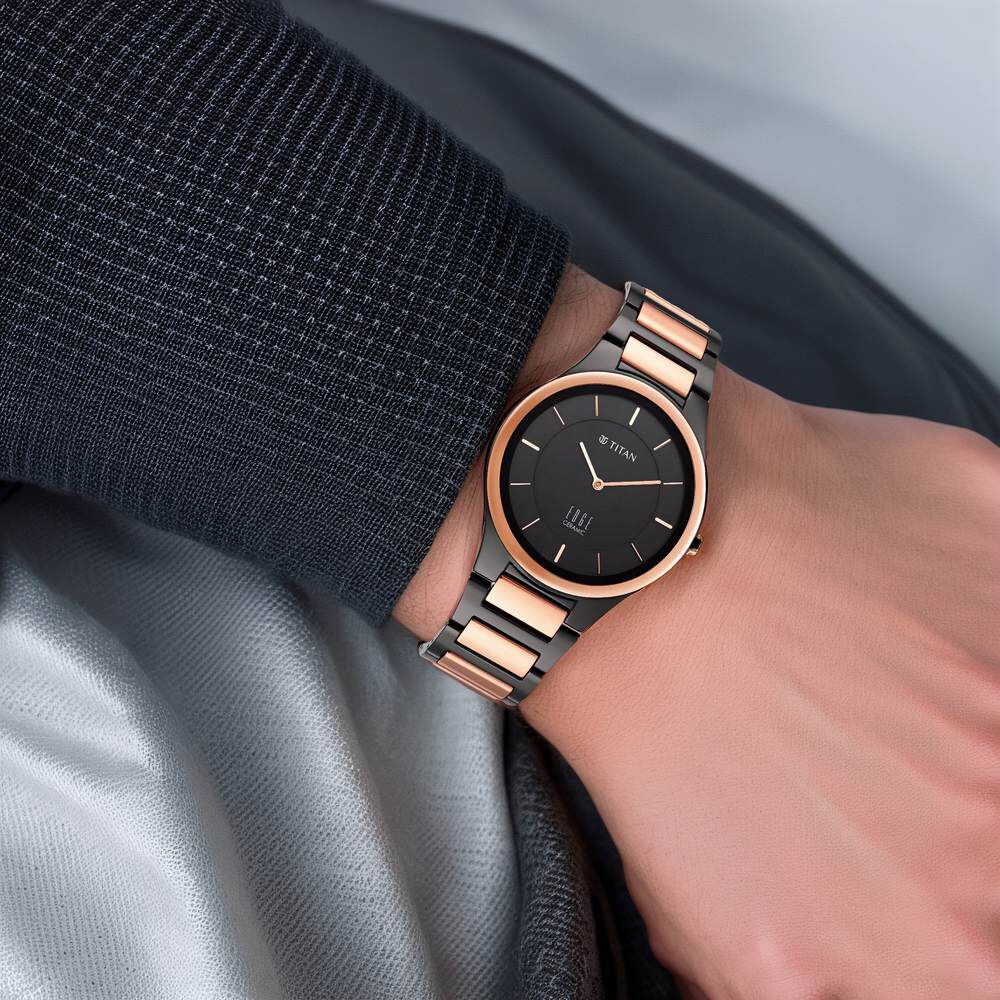 Titan Edge Ceramic Quartz in Midnight Gold with Black Dial Watch for Men - The Watch Factory ®