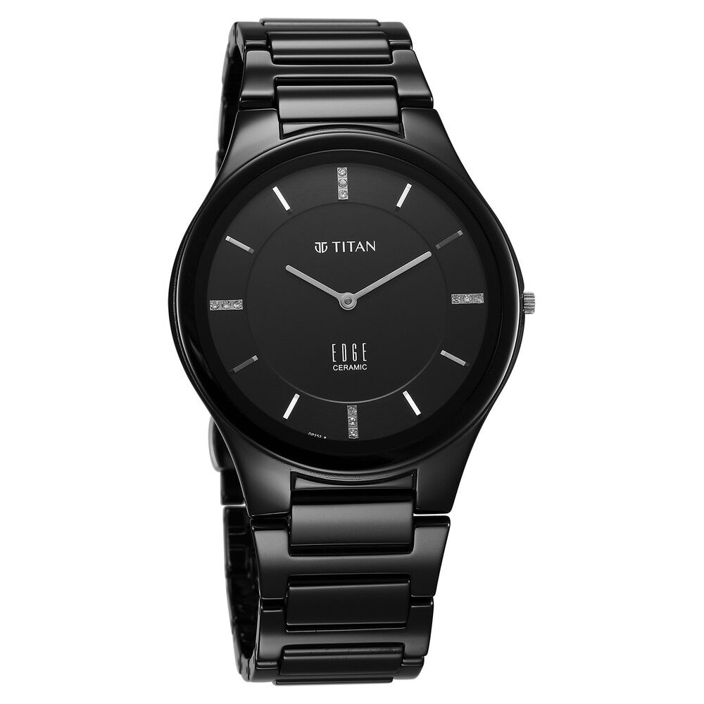 Titan Edge Ceramic Quartz in Glossy Black with Diamonds and Black Dial Watch for Men - The Watch Factory ®