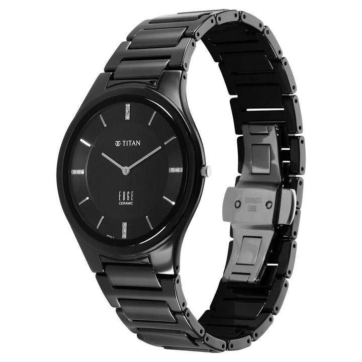 Titan Edge Ceramic Slim Ceramic Strap Black Dial With Diamonds Analog Watch for Men 1696NC12