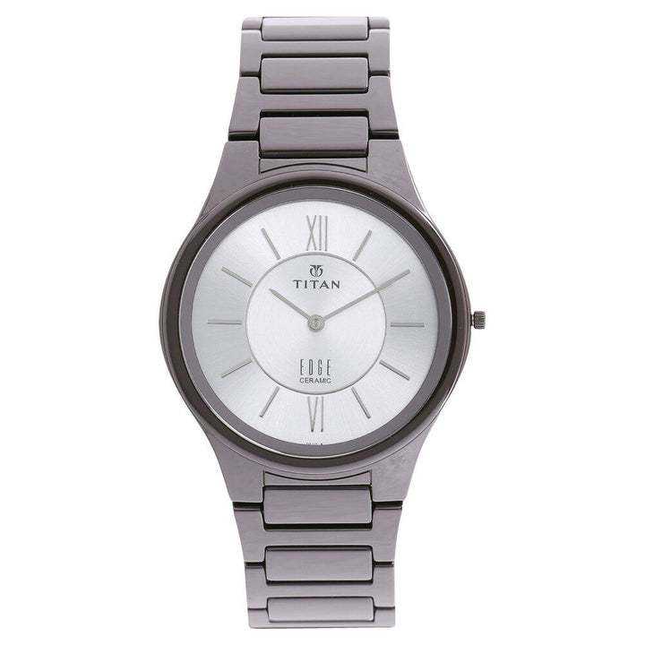 Titan Edge Ceramic Quartz Analog Silver Dial Grey Ceramic Strap Watch For Men-NT1696QC02
