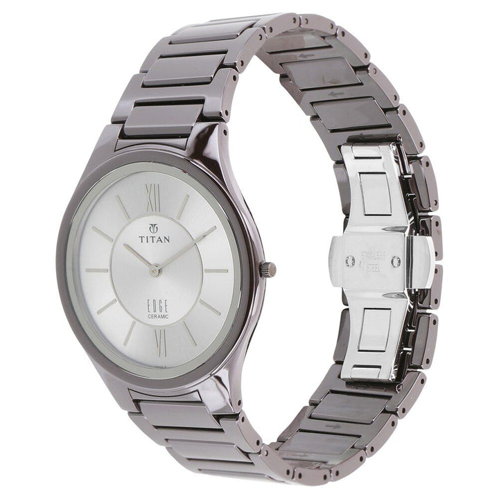 Titan Edge Ceramic Quartz Analog Silver Dial Grey Ceramic Strap Watch For Men-NT1696QC02