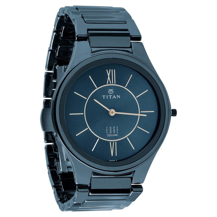 Titan Edge Ceramic Slim Ceramic Strap Glossy Electric Blue Dial Analog Watch for Men NS1696QC03
