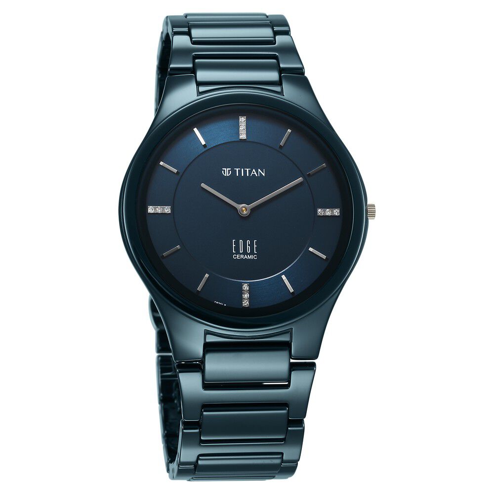 Titan Edge Ceramic Slim Ceramic Strap Blue Dial With Diamonds Analog Watch for Men 1696QC09