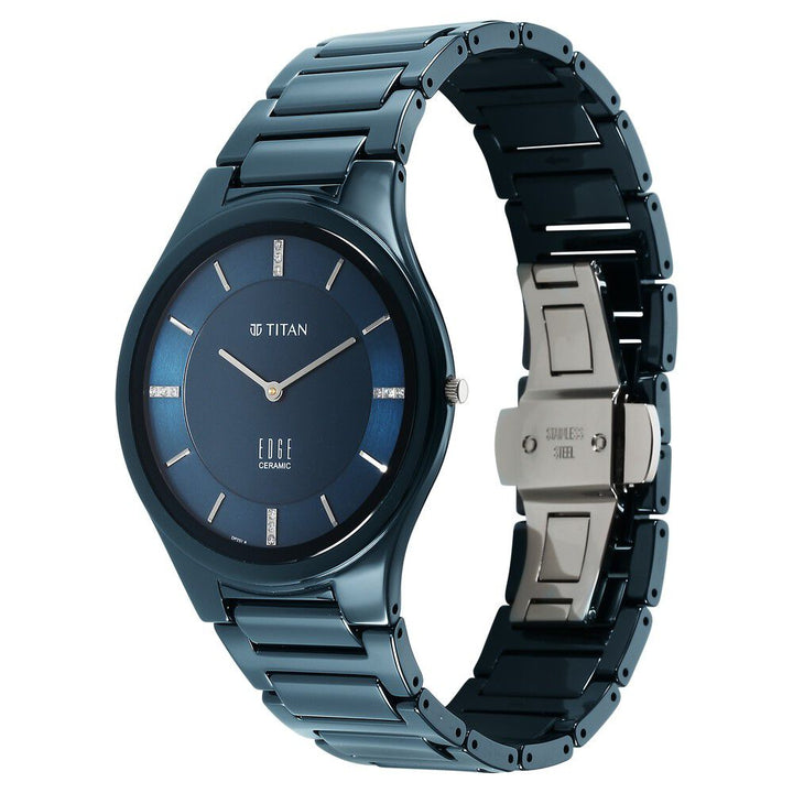 Titan Edge Ceramic Slim Ceramic Strap Blue Dial With Diamonds Analog Watch for Men 1696QC09