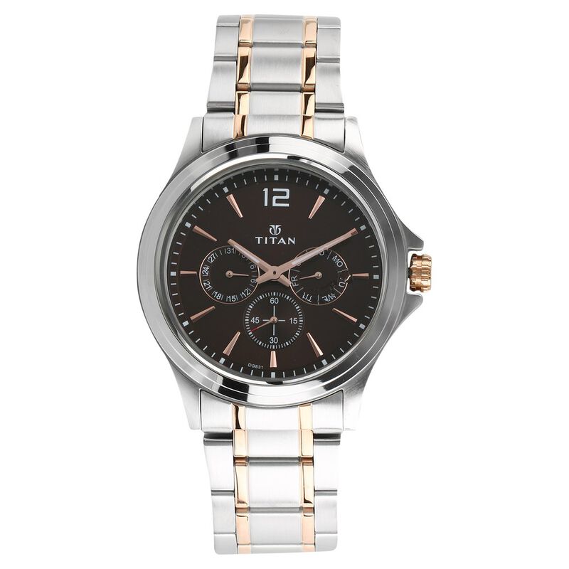 Titan Workwear Quartz Multifunction Brown Dial Stainless Steel Strap Watch For Men