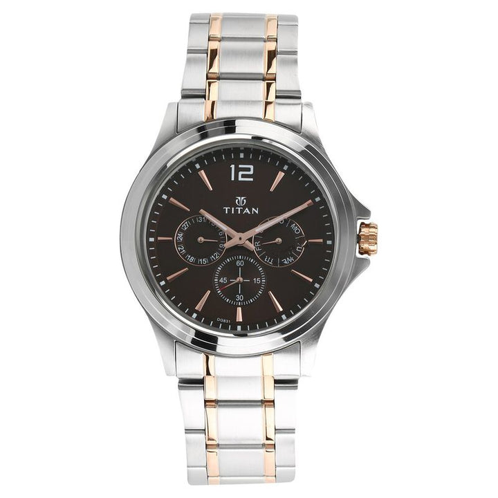 Titan Workwear Quartz Multifunction Brown Dial Stainless Steel Strap watch for Men 1698km01