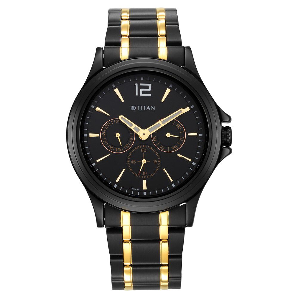 Titan Black and Gold Black Dial Quartz Multifunction Stainless Steel Strap watch for Men - The Watch Factory ®