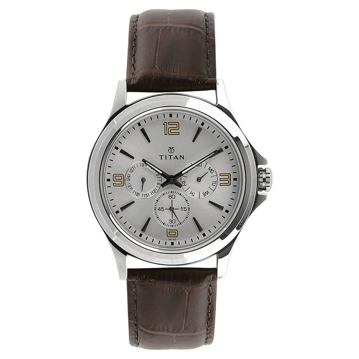 Titan Quartz Multifunction Silver Dial Leather Strap Watch for Men NS1698SL01