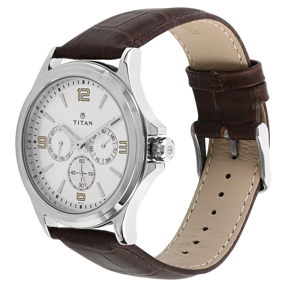 Titan Quartz Multifunction Silver Dial Leather Strap Watch for Men NS1698SL01