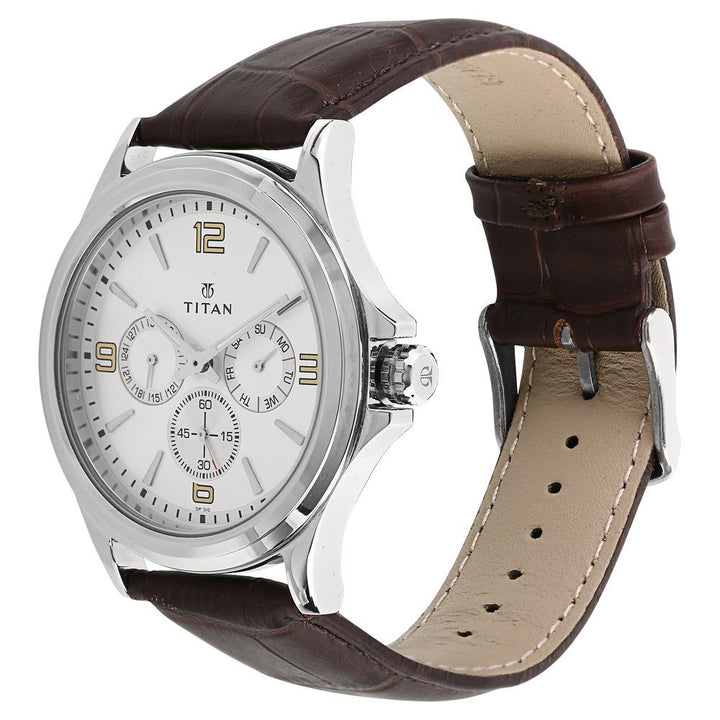 Titan Quartz Multifunction Silver Dial Leather Strap Watch for Men NS1698SL01