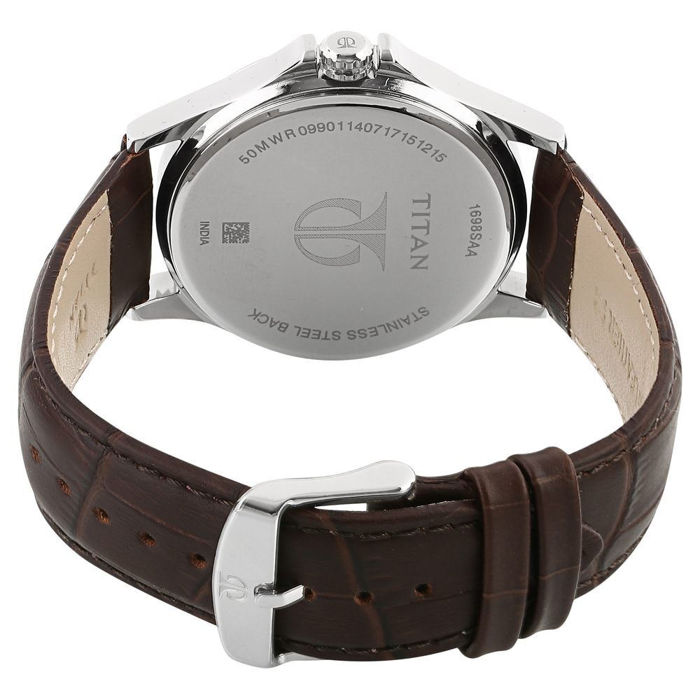 Titan Quartz Multifunction Silver Dial Leather Strap Watch for Men NS1698SL01