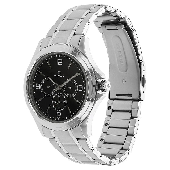 Titan Quartz Multifunction Black Dial Stainless Steel Strap Watch for Men NS1698SM01