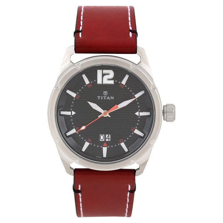 Titan Quartz Analog with Date Black Dial Leather Strap Watch for Men-NJ1699SL01