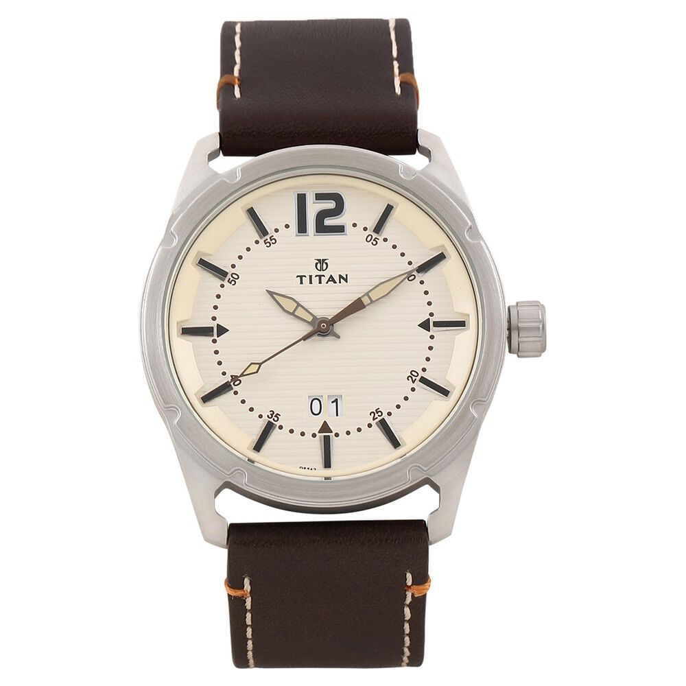 Titan Stainless Steel Analog with Date Brown Leather Strap watch for Men-NJ1699SL02