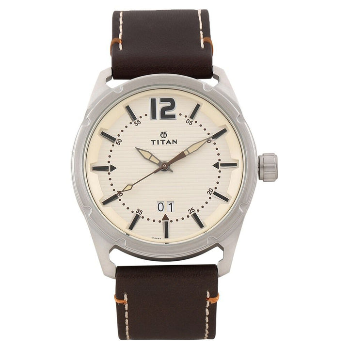 Titan Stainless Steel Analog with Date Brown Leather Strap watch for Men-NJ1699SL02