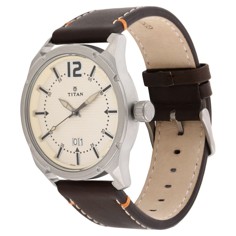 Titan Stainless Steel Analog with Date Brown Leather Strap watch for Men-NJ1699SL02