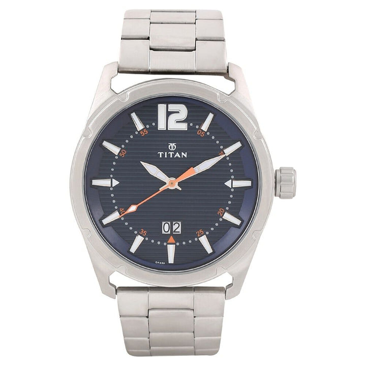 Titan Round Blue Dial Analog with Date Stainless Steel Strap watch for Men-NJ1699SM01