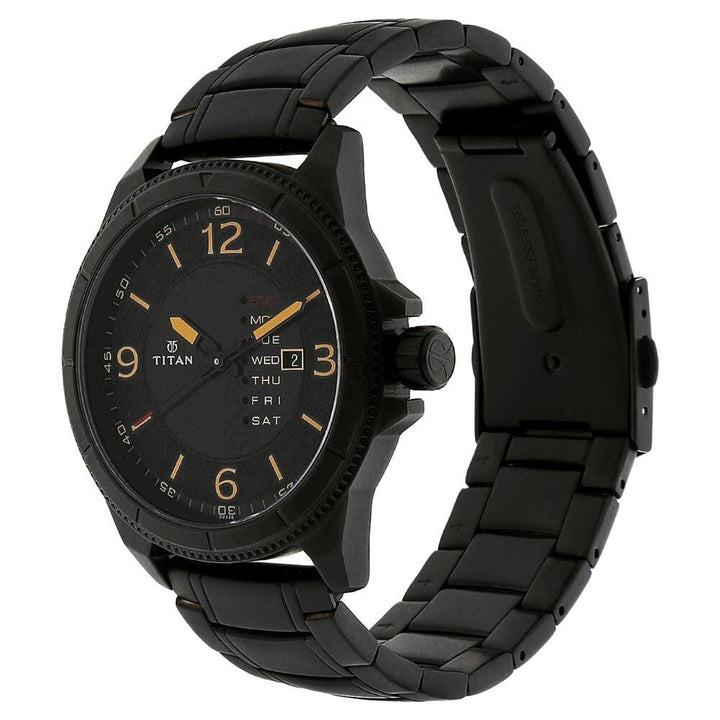 Titan Quartz Analog with Day and Date Black Dial Stainless Steel Strap Watch for Men-NS1701NM01