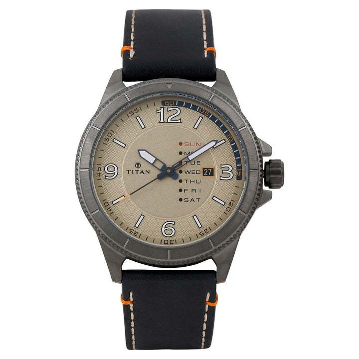 Titan Quartz Analog with Day and Date Champagne Dial Leather Strap Watch for Men-NJ1701QL02