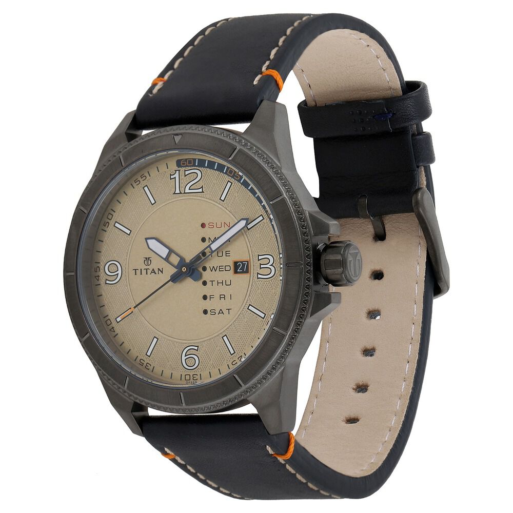 Titan Quartz Analog with Day and Date Champagne Dial Leather Strap Watch for Men-NJ1701QL02