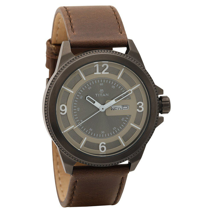 Titan Grey Dial Analog with Day and Date Leather Strap Watch for Men-NS1701QL04