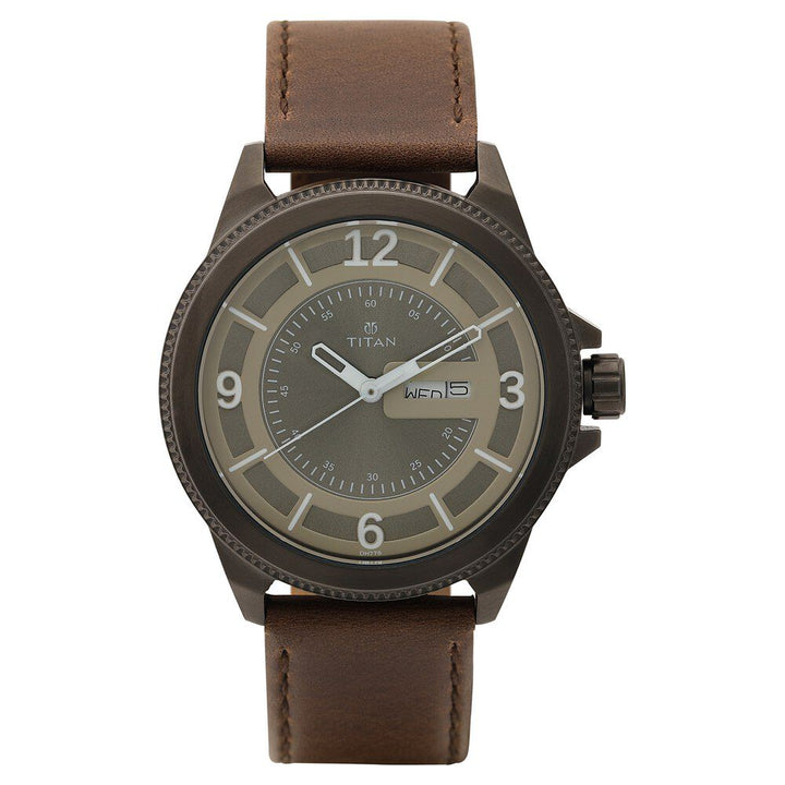 Titan Grey Dial Analog with Day and Date Leather Strap Watch for Men-NS1701QL04