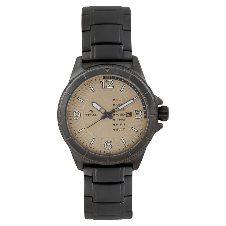 Titan Quartz Analog with Day and Date Champagne Dial Stainless Steel Strap Watch for Men-NK1701QM01