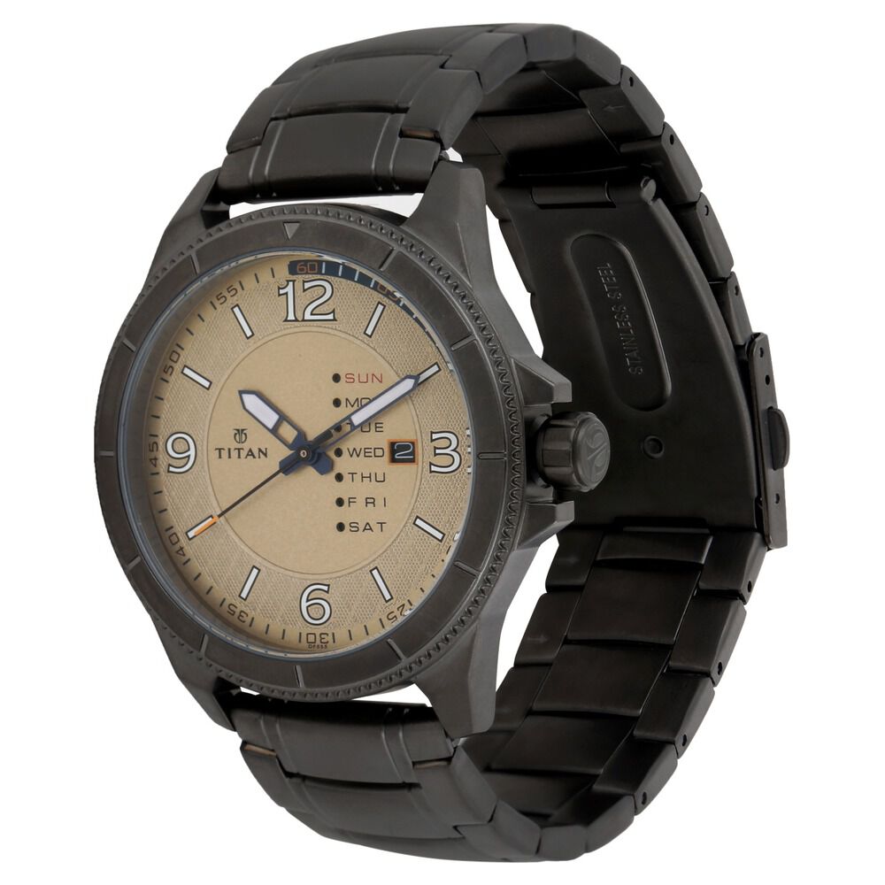 Titan Quartz Analog with Day and Date Champagne Dial Stainless Steel Strap Watch for Men-NK1701QM01