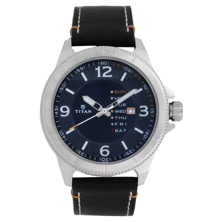 Titan Analog Blue Dial with Day and Date Quartz Stainless Steel Brown Leather Strap Watch for Men-NL1701SL01