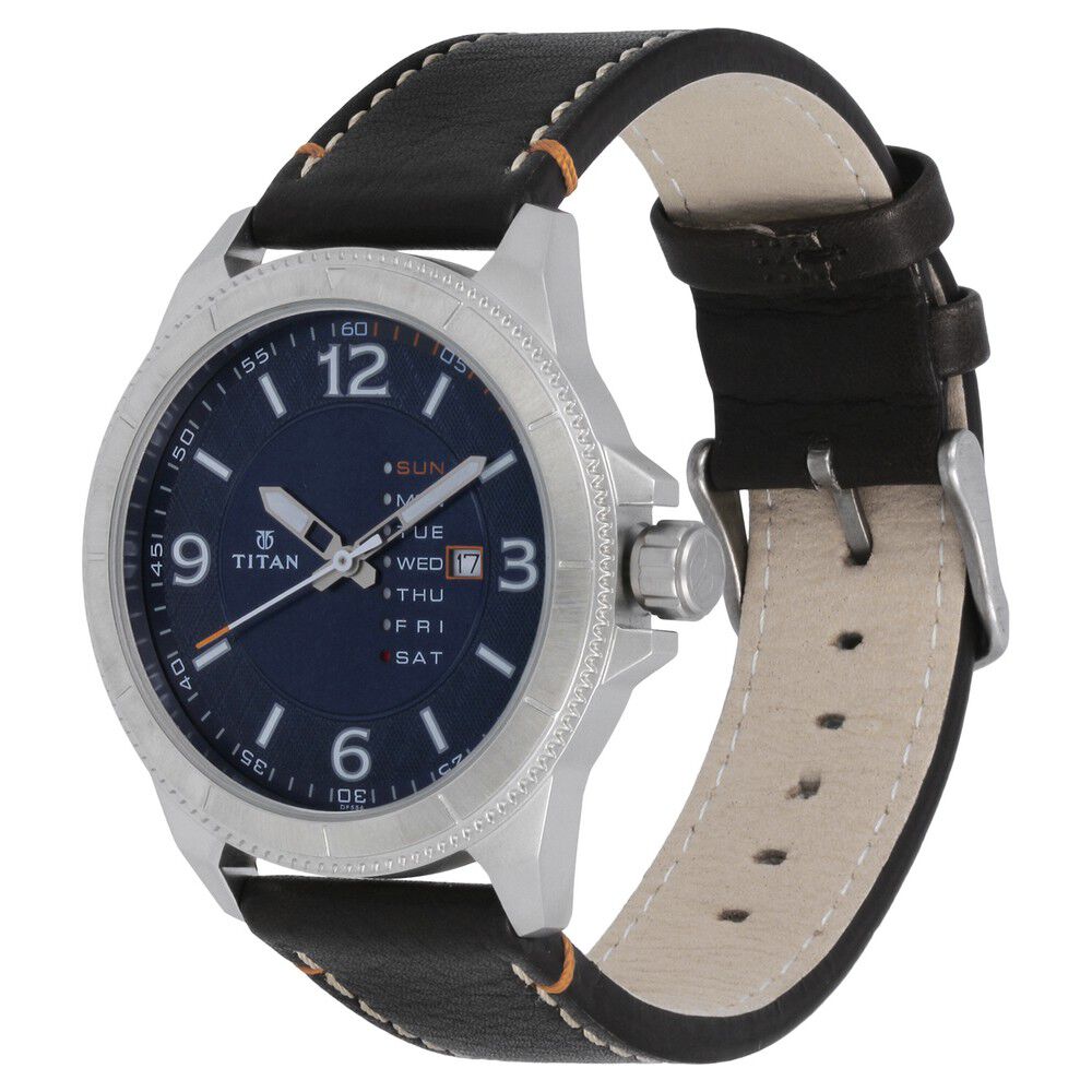 Titan Analog Blue Dial with Day and Date Quartz Stainless Steel Brown Leather Strap Watch for Men-NL1701SL01