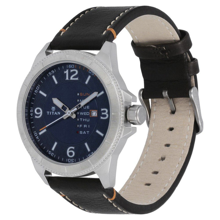 Titan Analog Blue Dial with Day and Date Quartz Stainless Steel Brown Leather Strap Watch for Men-NL1701SL01
