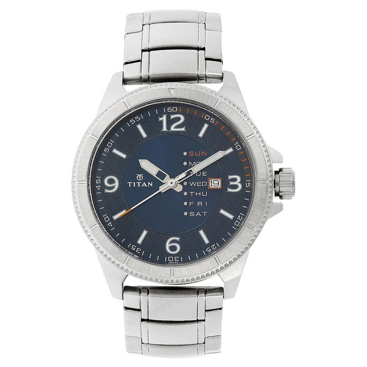 Titan Quartz Analog with Day and Date Blue Dial Stainless Steel Strap Watch for Men-NM1701SM01