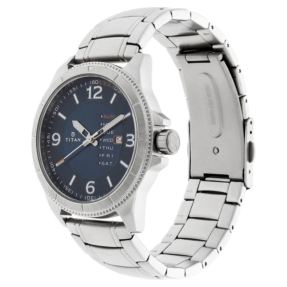 Titan Quartz Analog with Day and Date Blue Dial Stainless Steel Strap Watch for Men-NM1701SM01