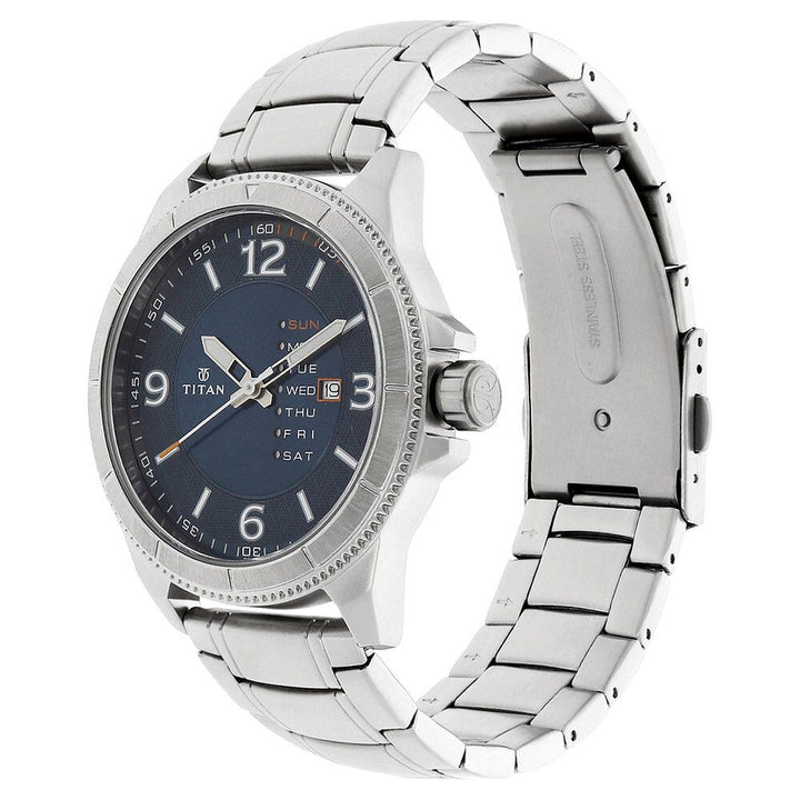 Titan Quartz Analog with Day and Date Blue Dial Stainless Steel Strap Watch for Men-NM1701SM01