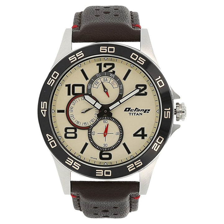 Titan Quartz Analog with Day and Date Champagne Dial Leather Strap Watch for Men-NM1702KL02