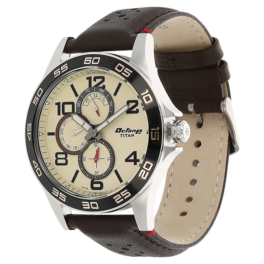 Titan Quartz Analog with Day and Date Champagne Dial Leather Strap Watch for Men-NM1702KL02