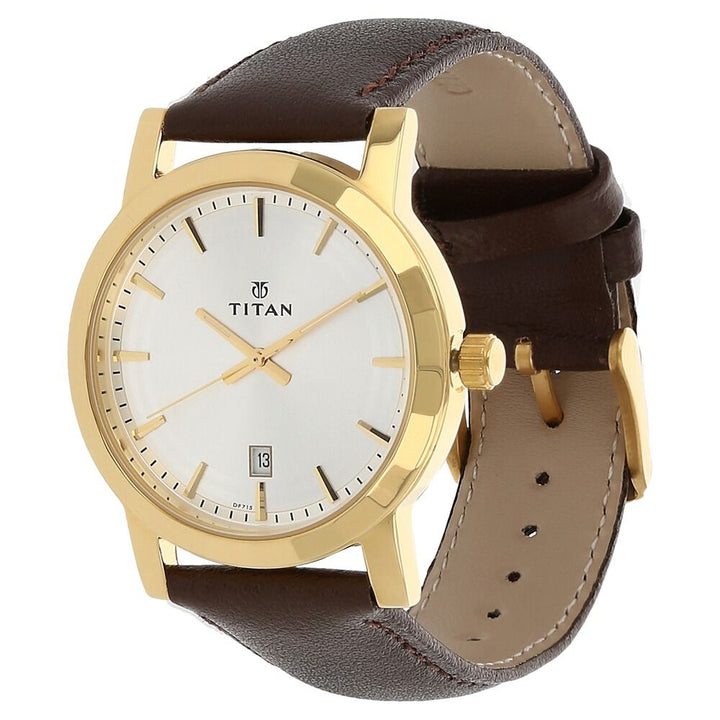 Titan Quartz Analog with Date Silver Dial Leather Strap Watch for Men-NJ1703YL01
